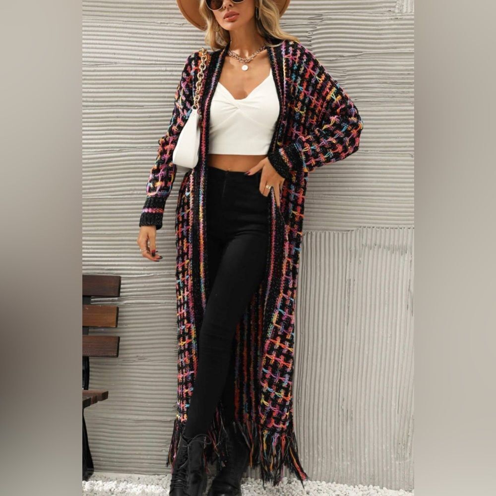 Multicolored Bohemian Open Front Fringe Hem Cardi… - image 1